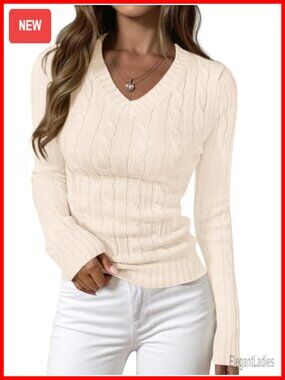 Cable Knit Fitted V Neck Long Sleeve Pullover Sweater
